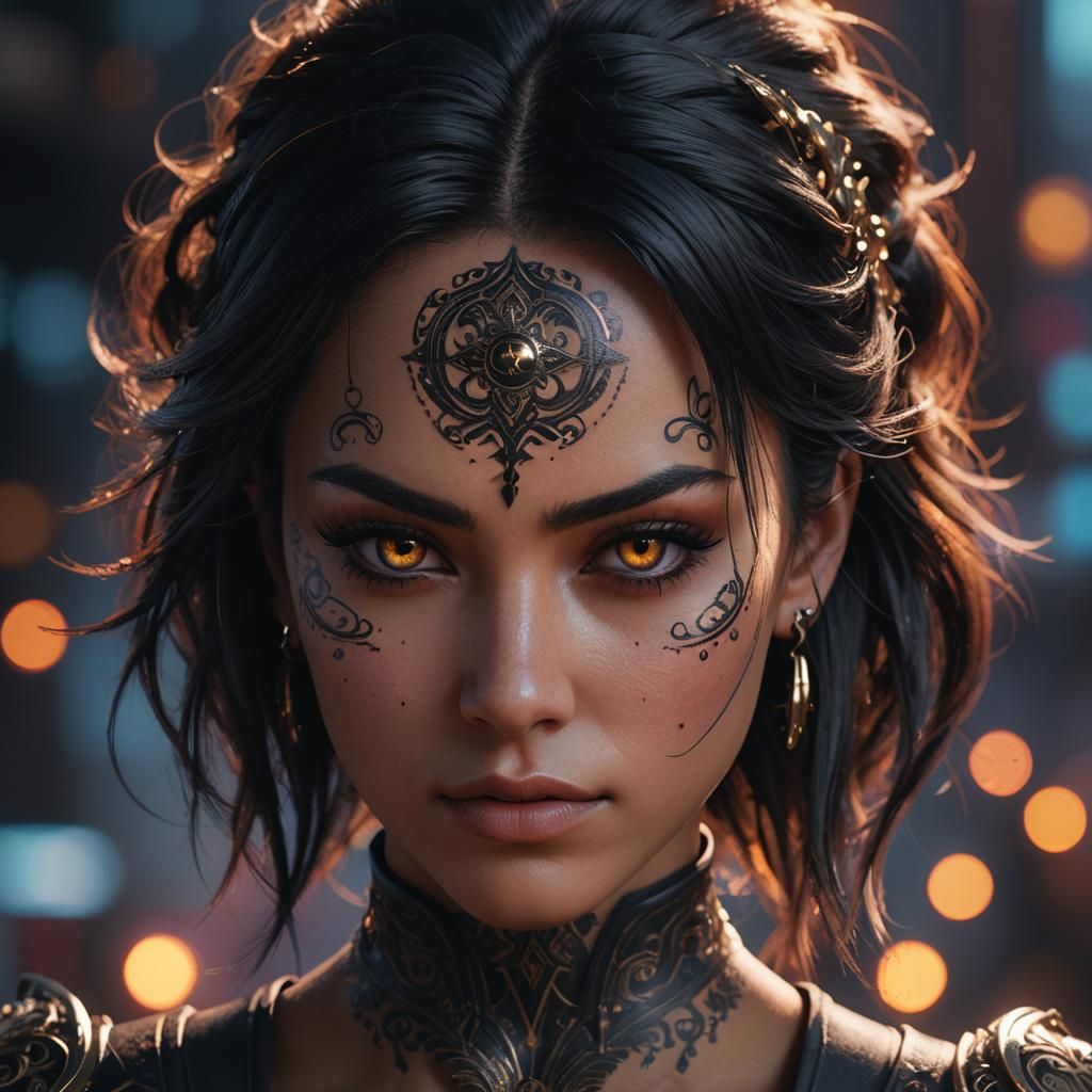 Cinematic Close-Up of Woman with Tattoo in Art Deco Style