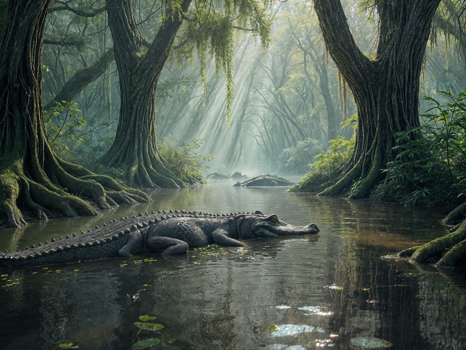 Primordial Swamp: Alligators in a Verdant Landscape