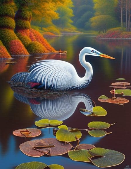 Psychedelic Heron on Pond: Digital Concept Art