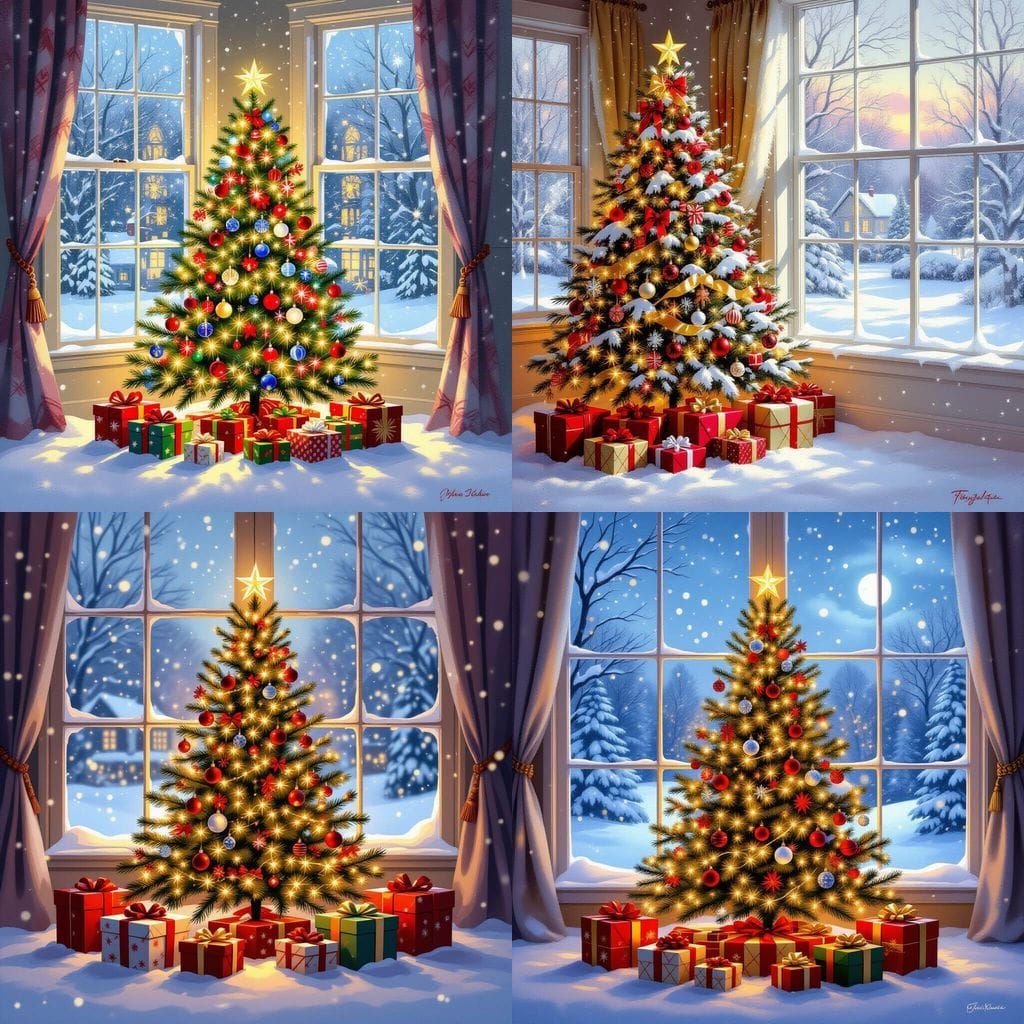 Cozy Christmas Tree with Presents and Snowing Window View