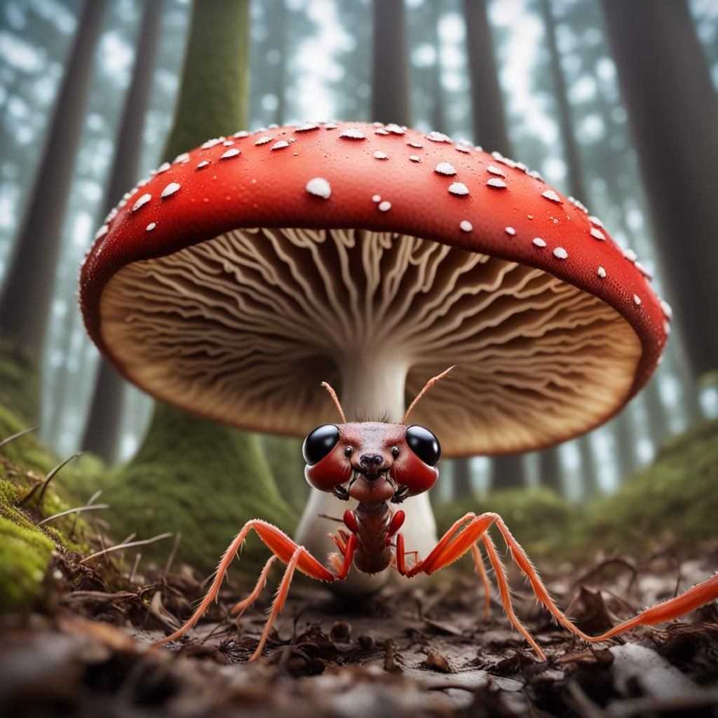 Ant Selfie: Hyperrealistic Mushroom Giant