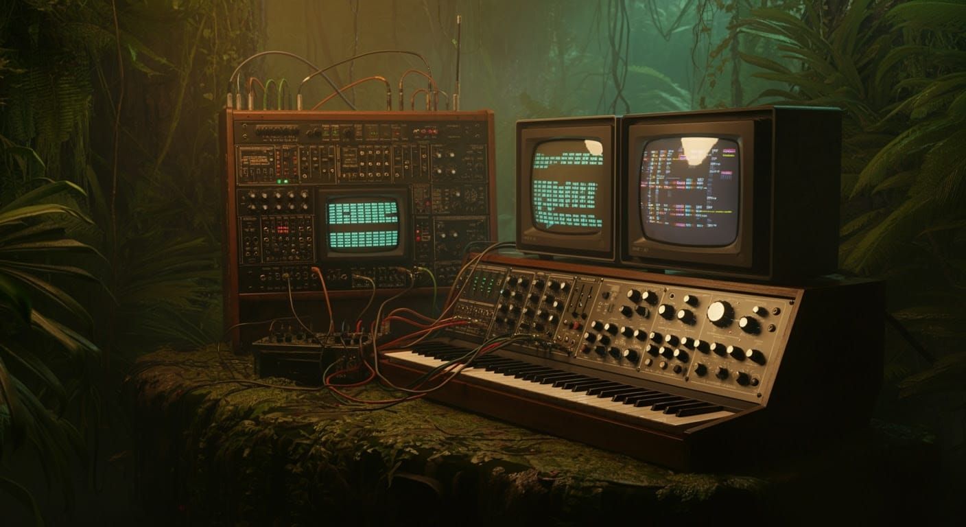 Nuclear Powered Modular Synth in Misty Jungle, Cinematic Sty...