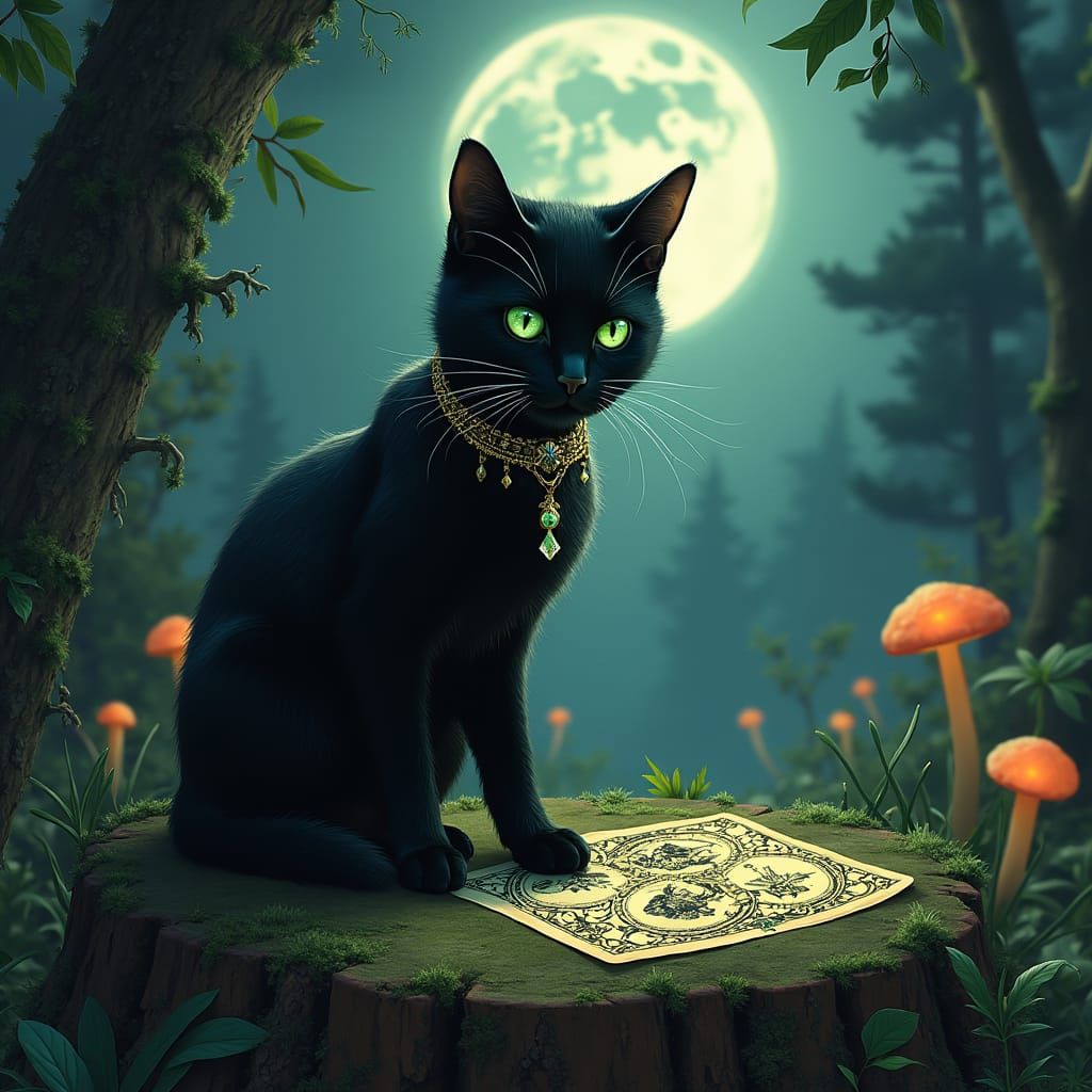 Mystical Black Cat Reads Tarot Under Full Moon