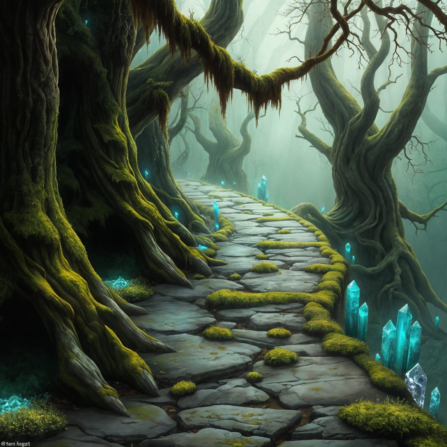 Mystical Forest Path with Glowing Moss in Digital Art