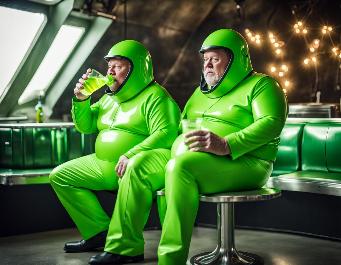 Overweight Men in Green Suits Drinking Soda
