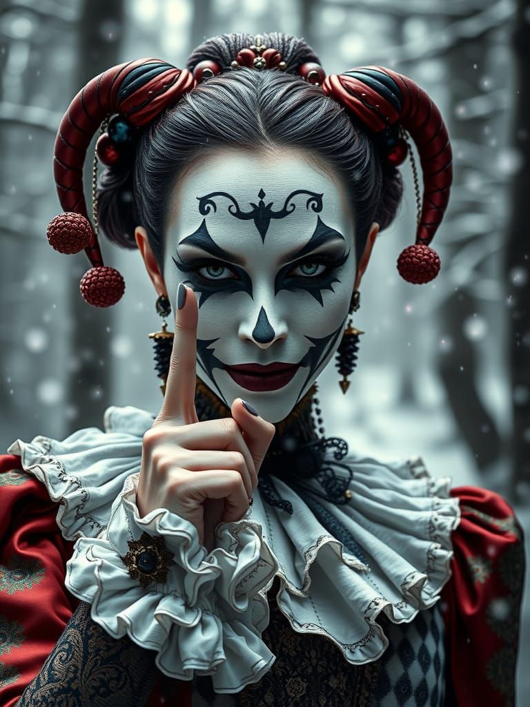 Harlequin Woman in Victorian Attire Silencing Winter
