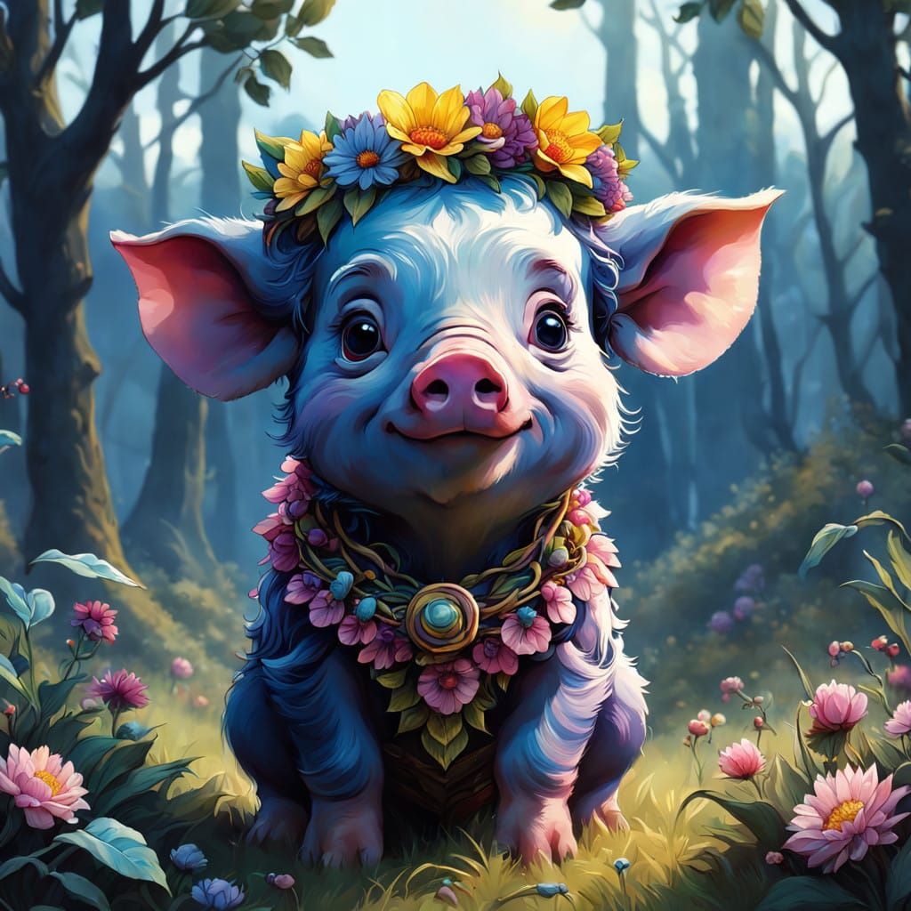Whimsical Piglet Enchanted with Vibrant Flower Crown