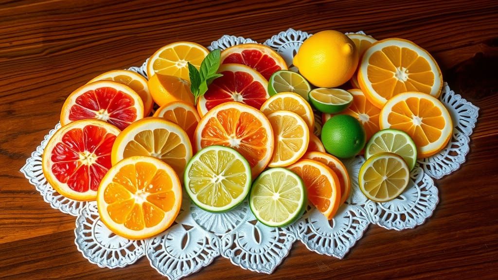 Vibrant Citrus Fruits on Mahogany Table in Pencil Crayon Sty...