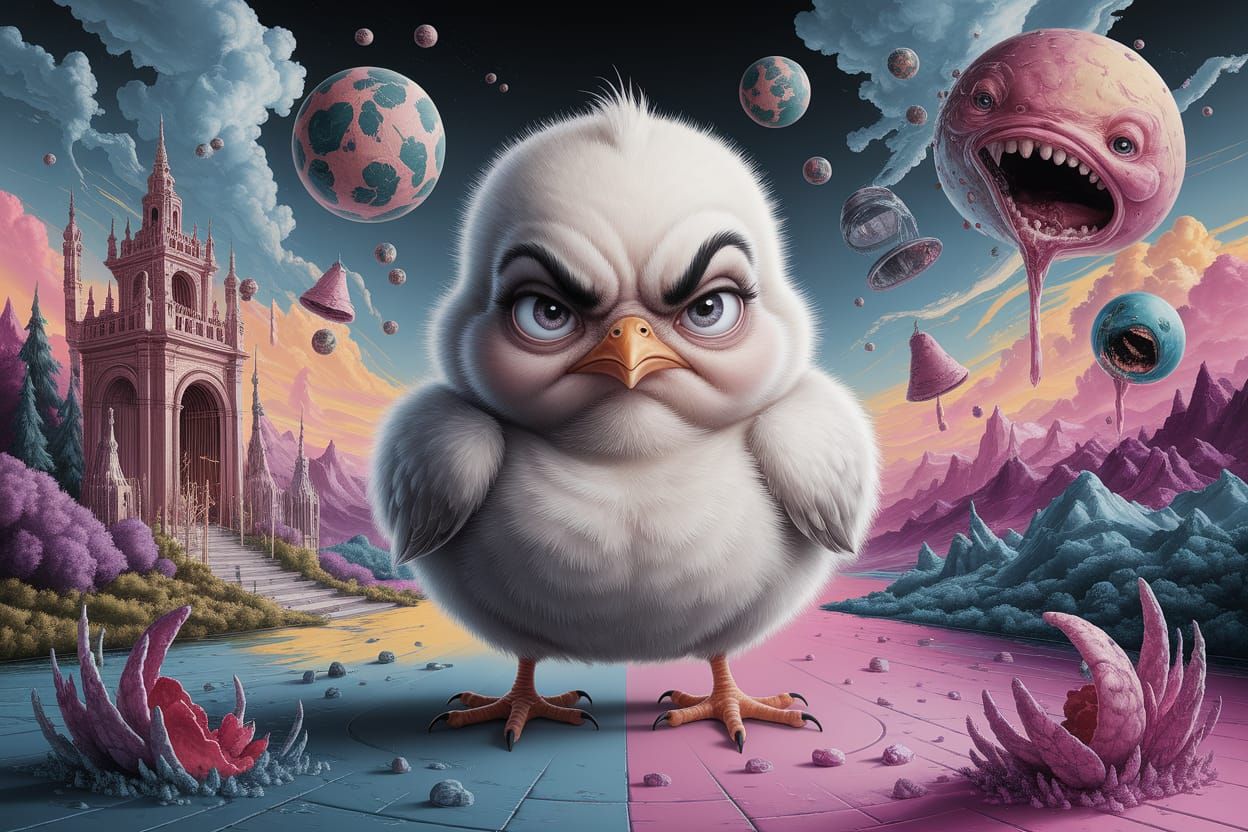 Grumpy Chick's Surreal Adventure: An Oil Painting