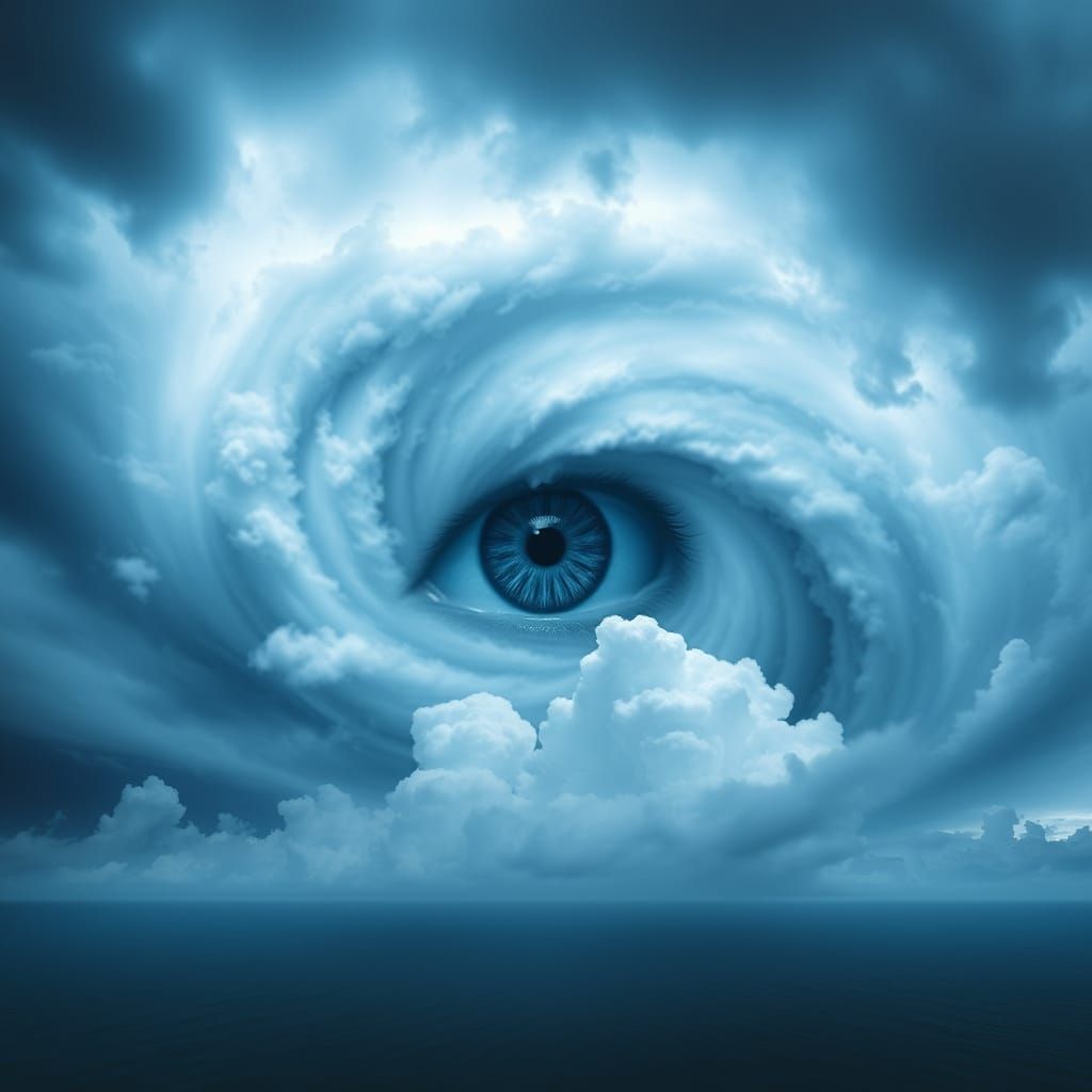 great stormclouds with a massive blue-hued human eye