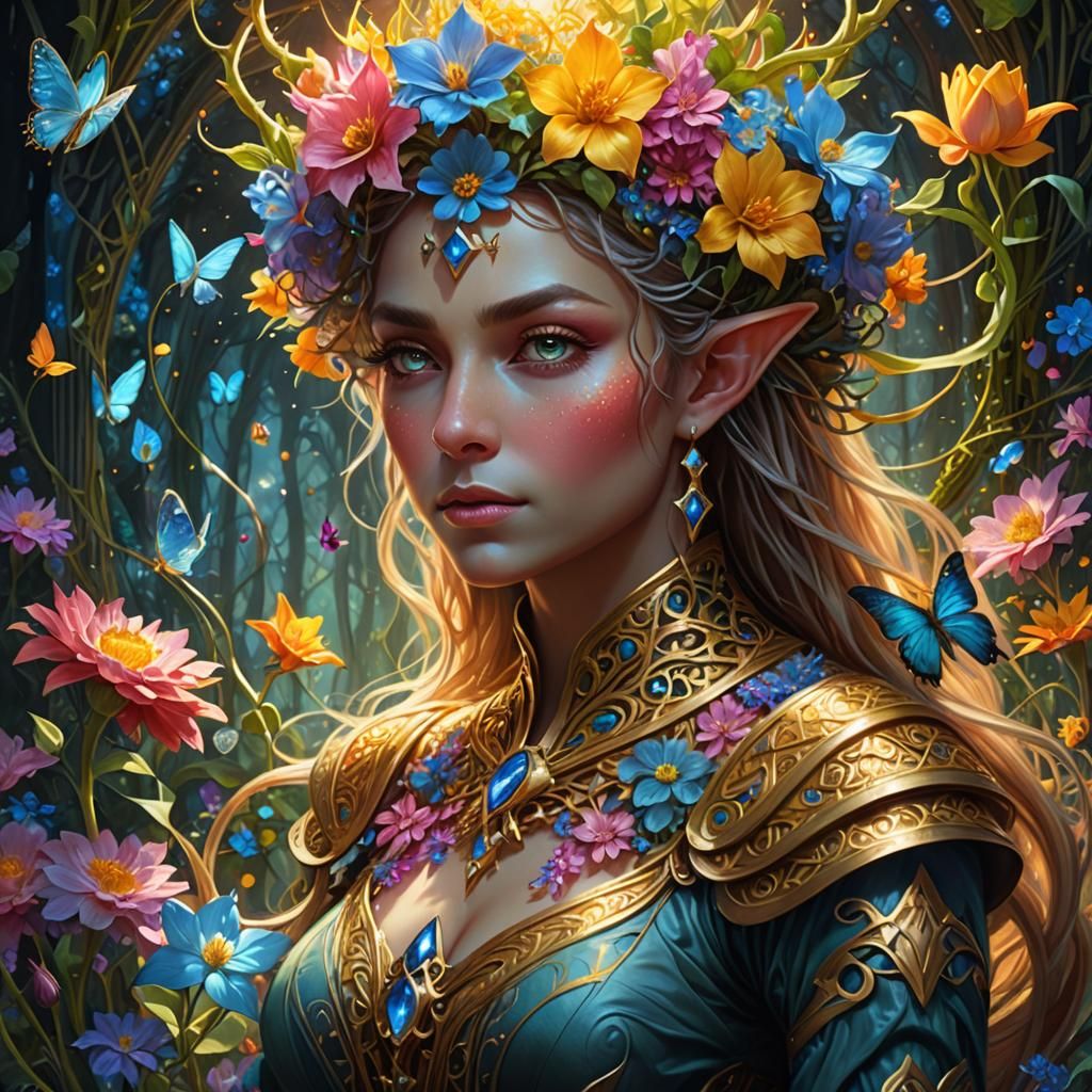 Ethereal Elf Tarot Card with Floral Bouquet