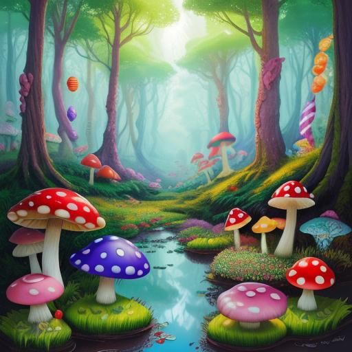 Fantasy Forest with Colorful Mushrooms in Candy Art Style