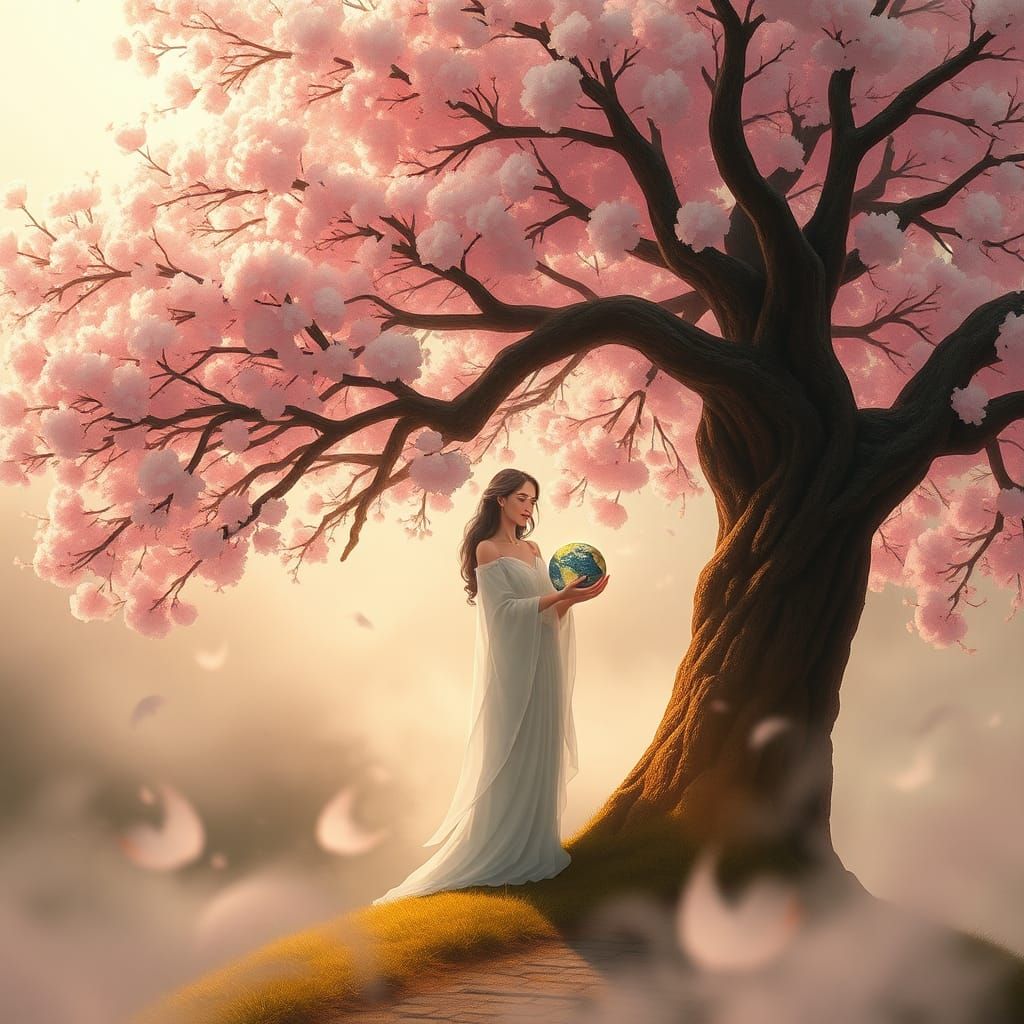 Gaia Beneath Cherry Tree in Ethereal Light