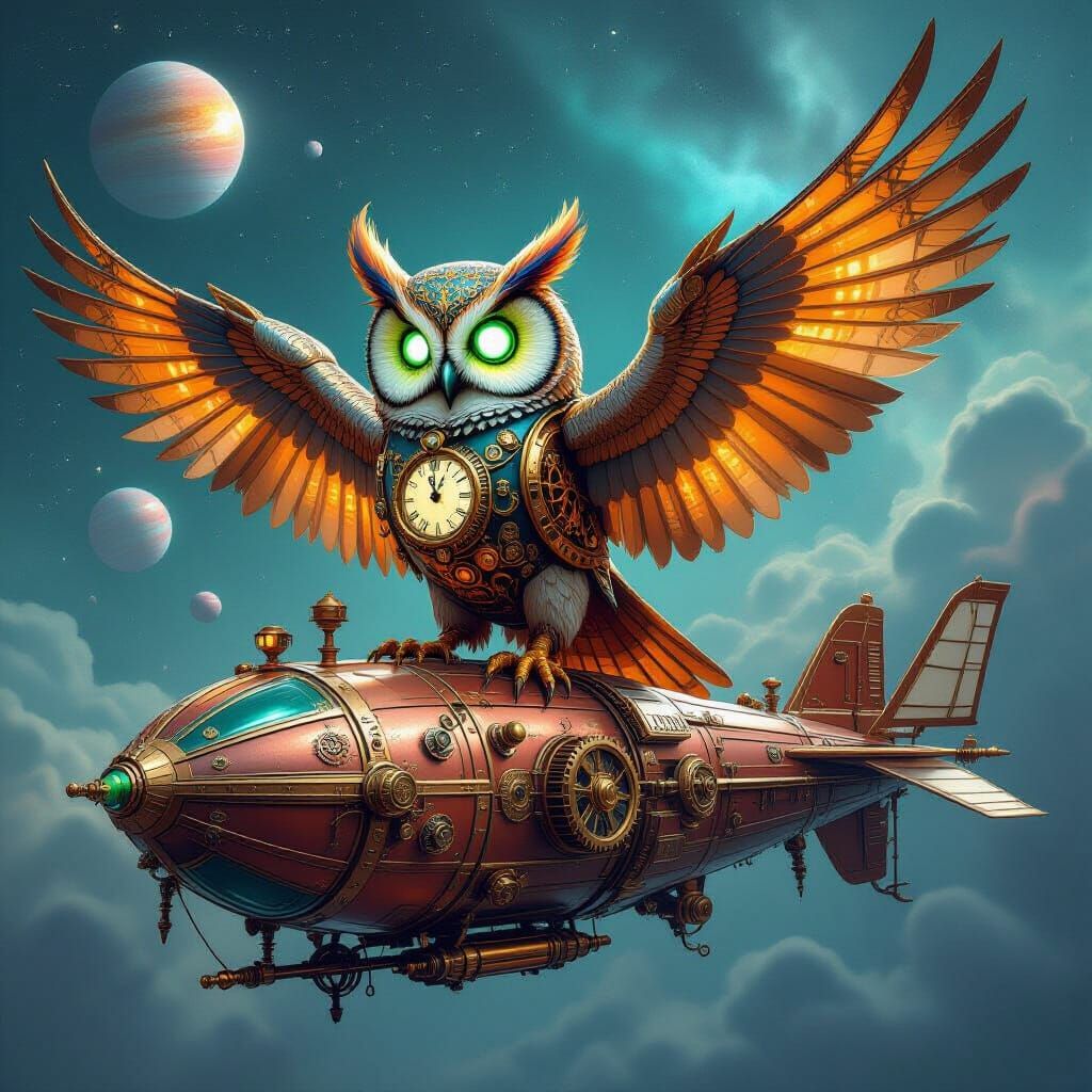 Clockwork Owl on Steampunk Airship in Nebula