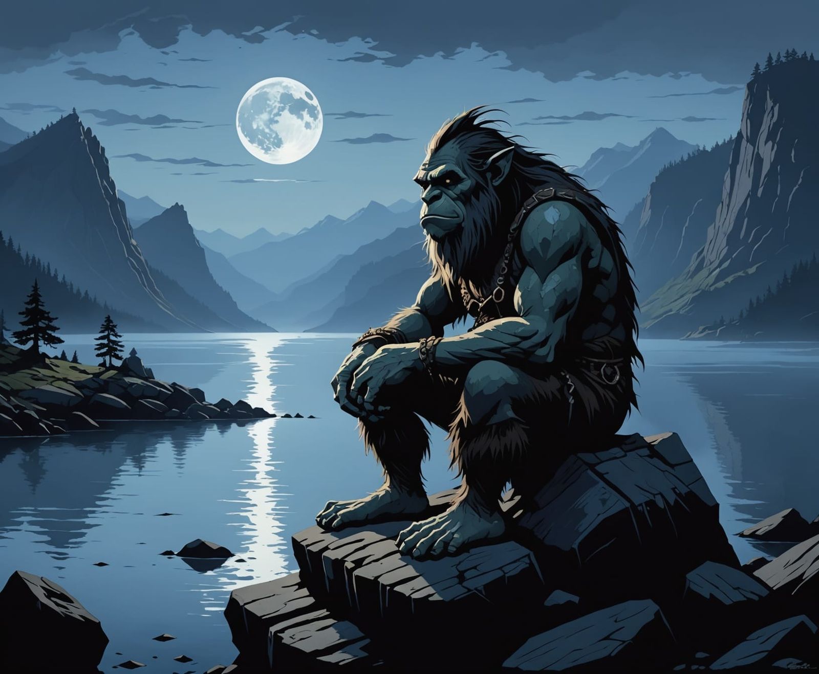 A lone troll sits on a rocky outcrop overlooking a misty fjo...