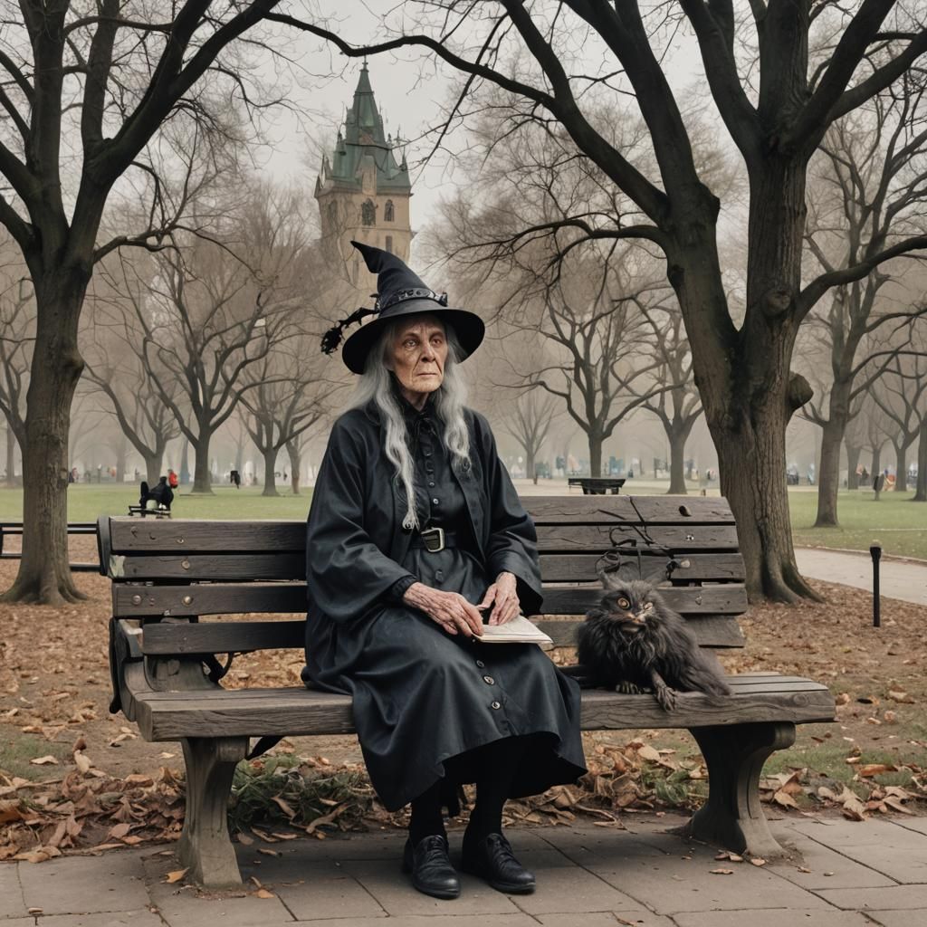 Witch on Park Bench: A Digital Rendering