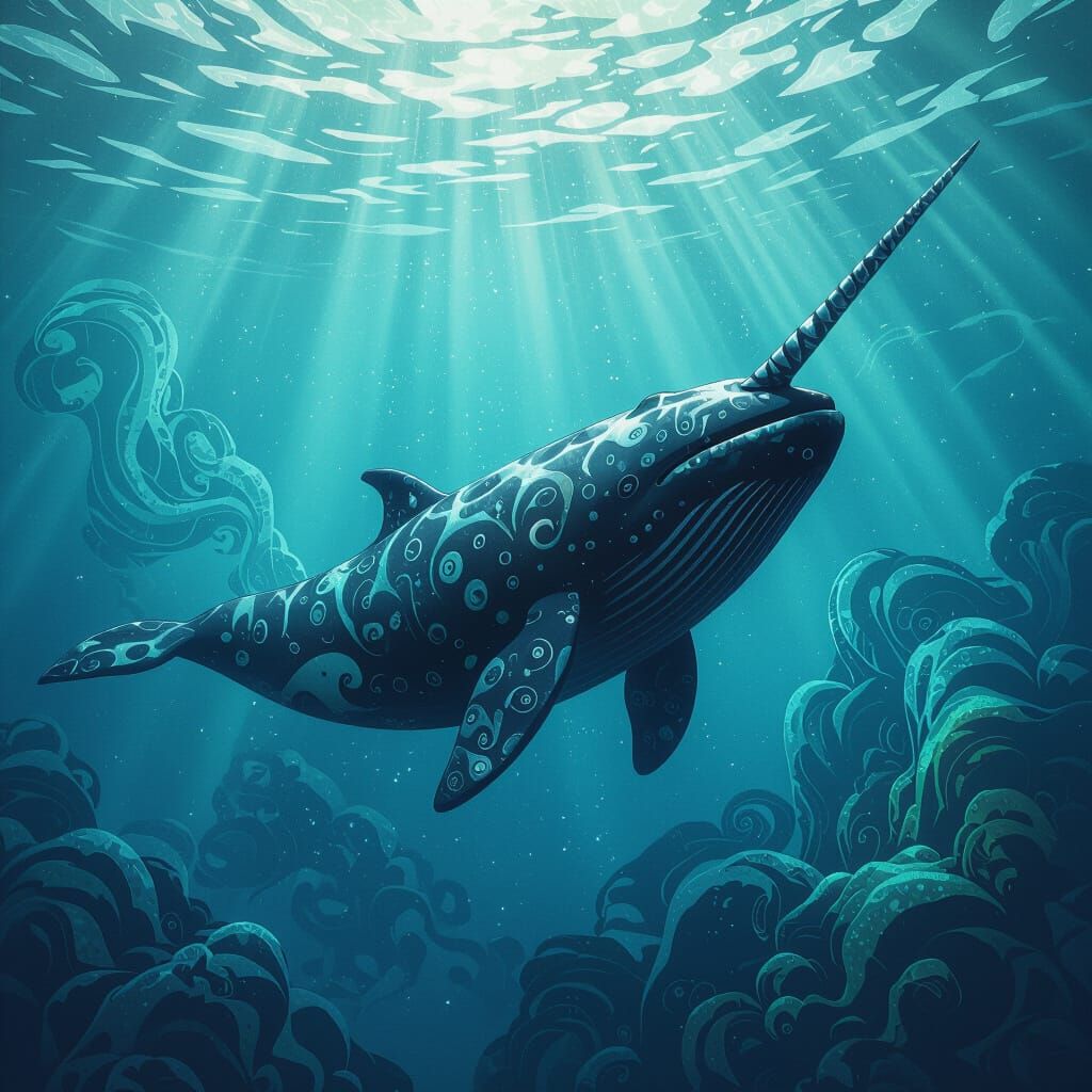 Spotted Narwhal in Mystical Sea: Photorealistic Image
