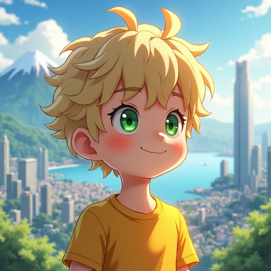Boy Gazing at Cityscape in 3D Anime Style