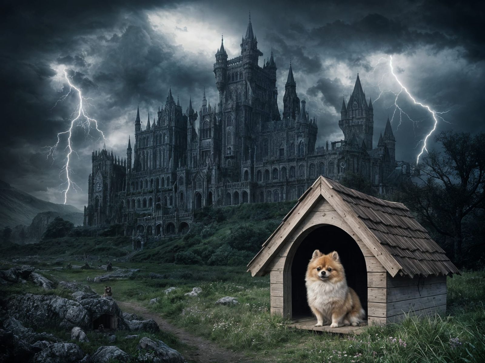 Gothic Castle with Pomeranian in Stormy Weather