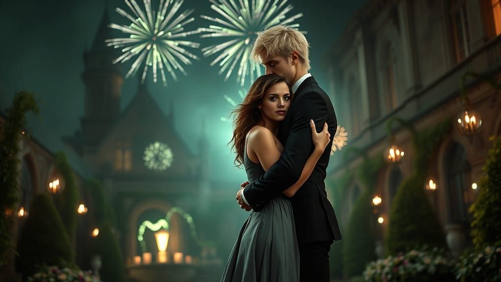 Handsome Man Embracing Elegant Woman Under Enchanted Night S...