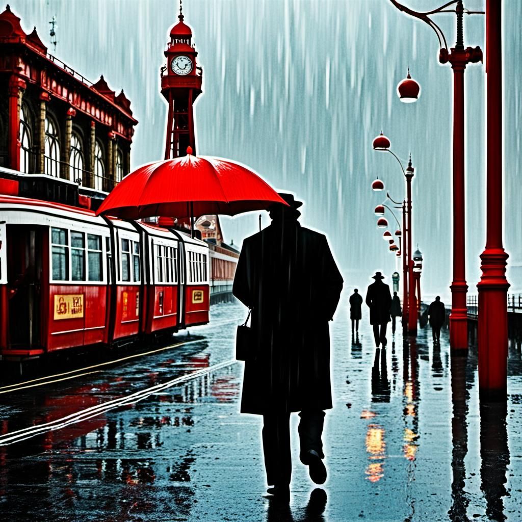 Blackpool Tower in Red Rain: A Film Noir Scene