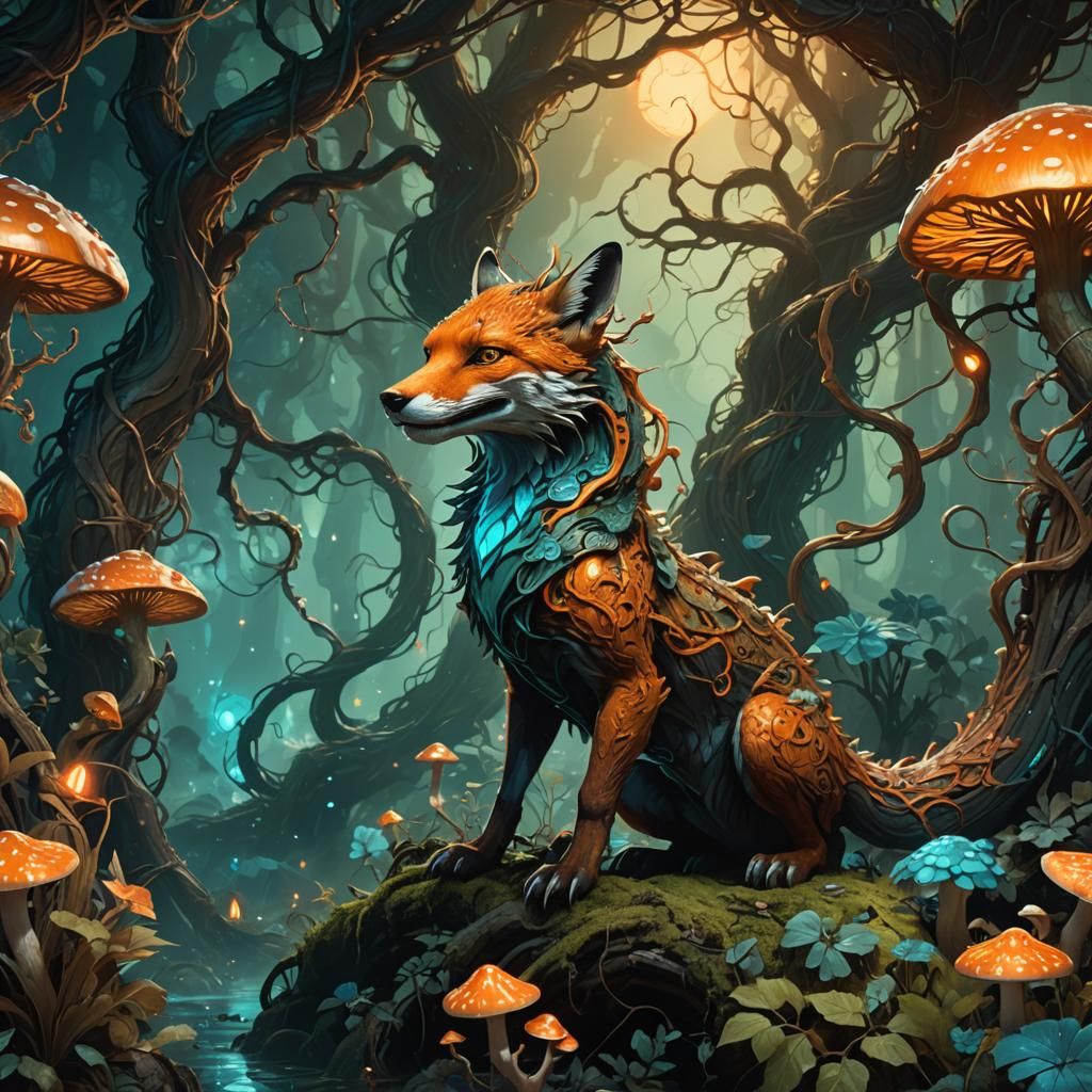 Fox Lizard Monster in Mystical Forest, Digital Painting