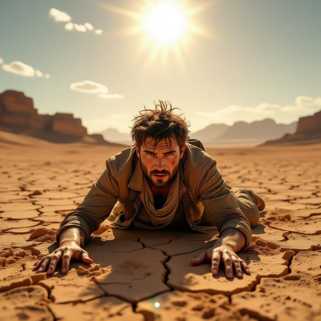 Dehydrated Traveler's Desert Mirage: Photorealistic Journey