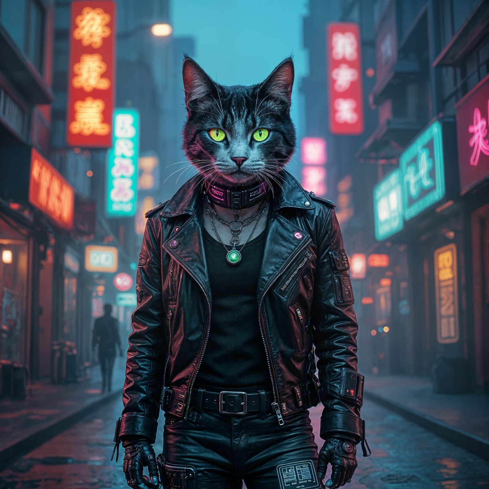 Cyberpunk Cat with Neon Tattoos in Futuristic City