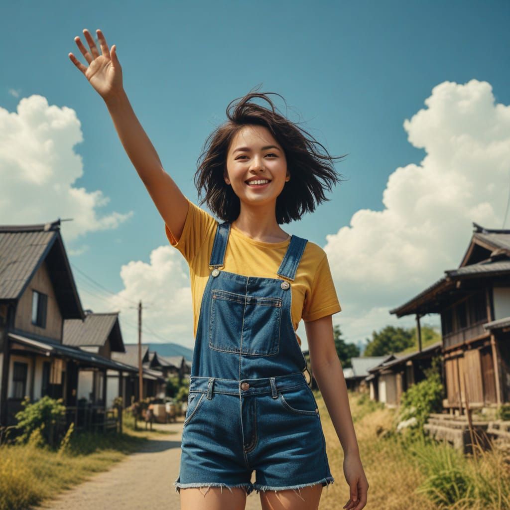 Smiling Woman in Japanese Village, Cinematic Style