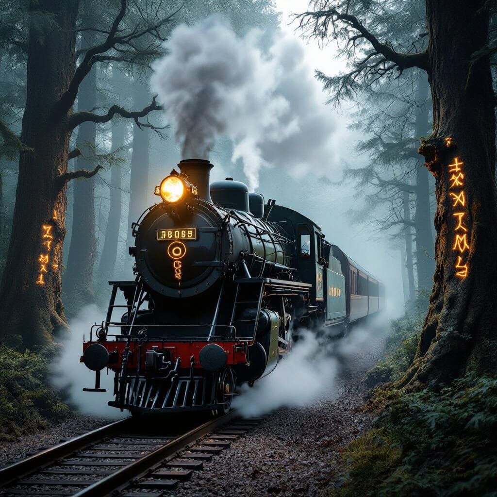 Vintage Steam Train in Misty Enchanted Forest