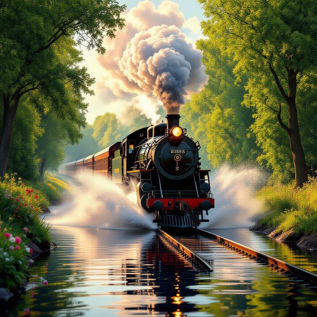 Powerful Steam Train Plunges Through Flooded Tracks