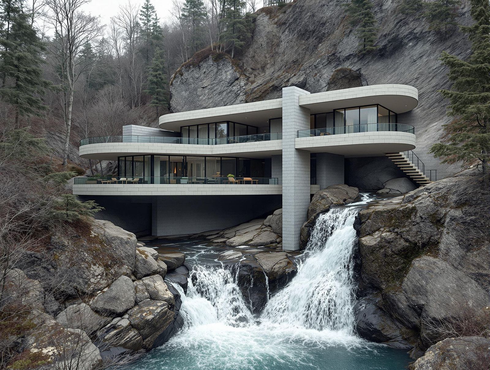 Modernist Masterpiece Blends into Rugged Waterfall Landscape