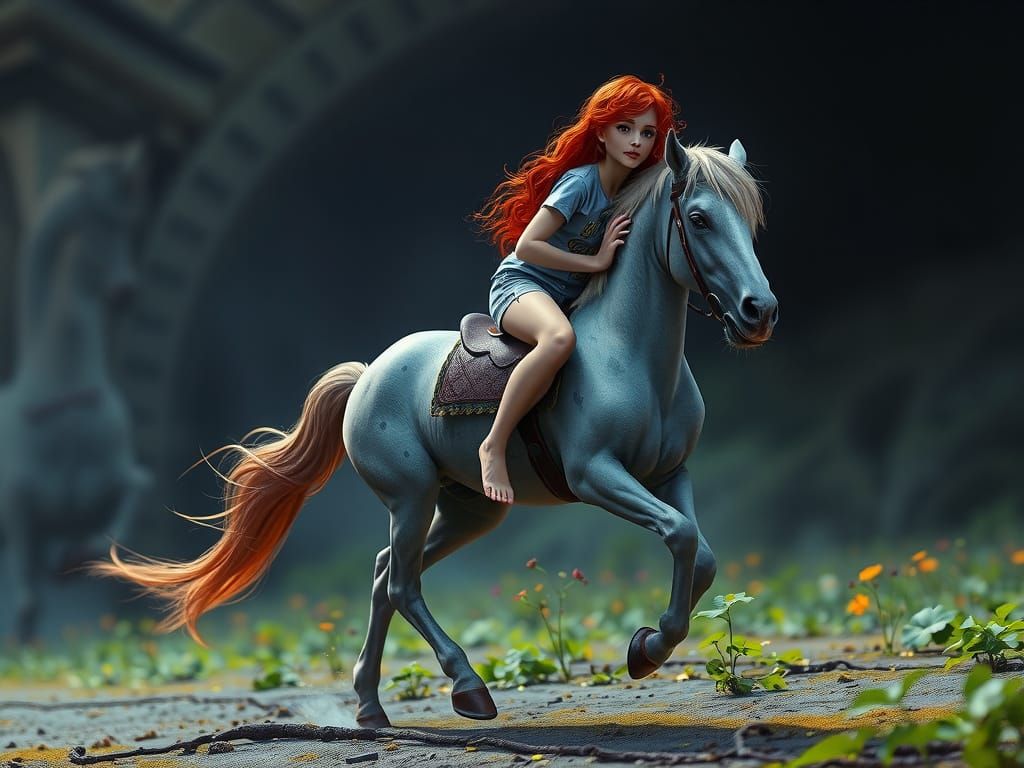 Redhead Girl on Pony in Dark Fantasy Style