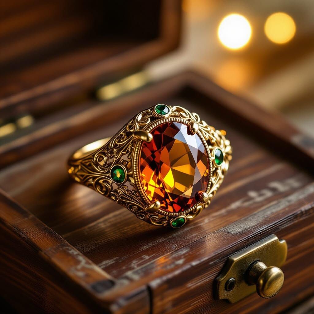 Golden Amber Ring in Art Nouveau Style