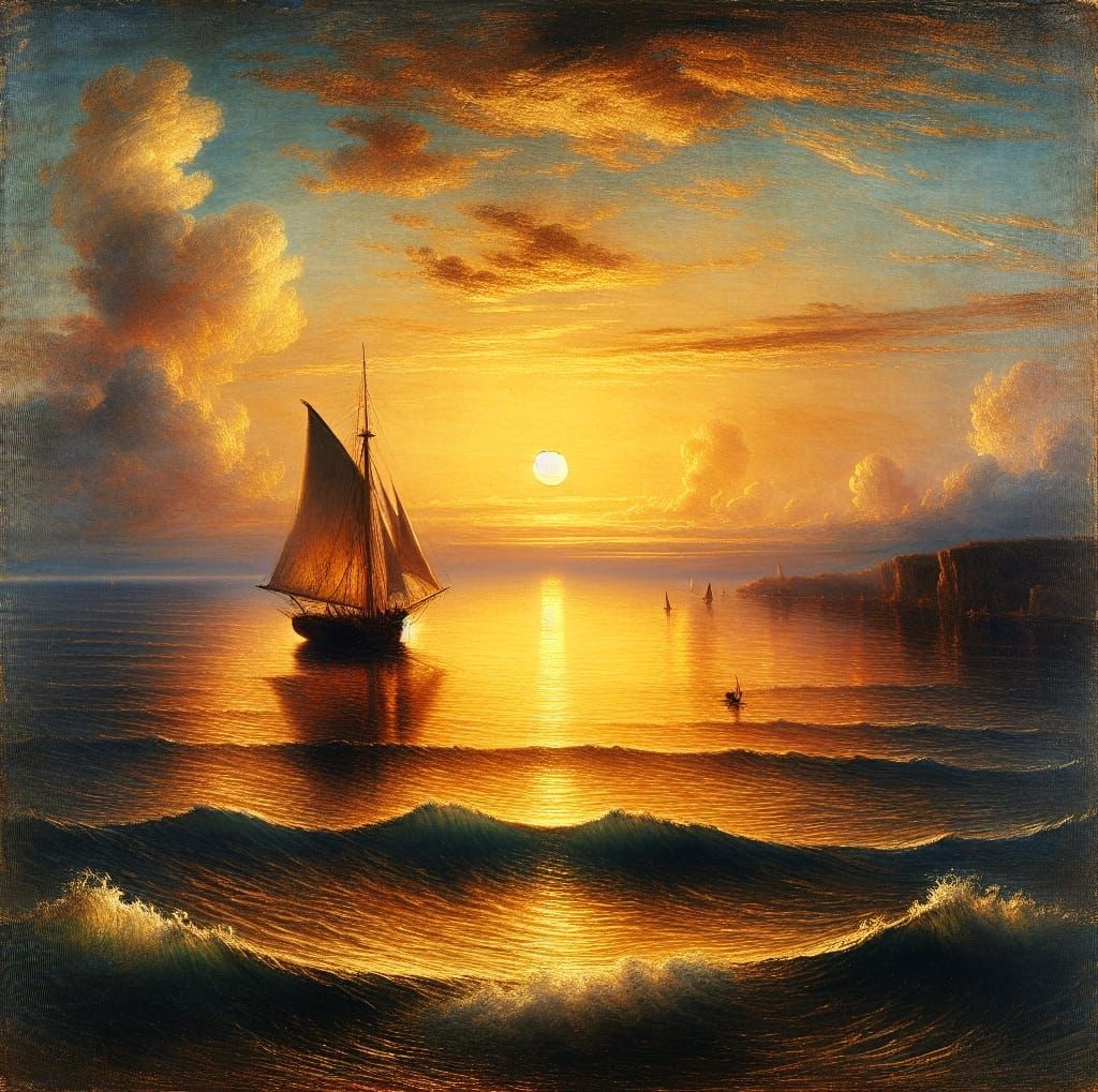 Serenity at Sunset: Oil Painting of a Lone Sailboat in Class...