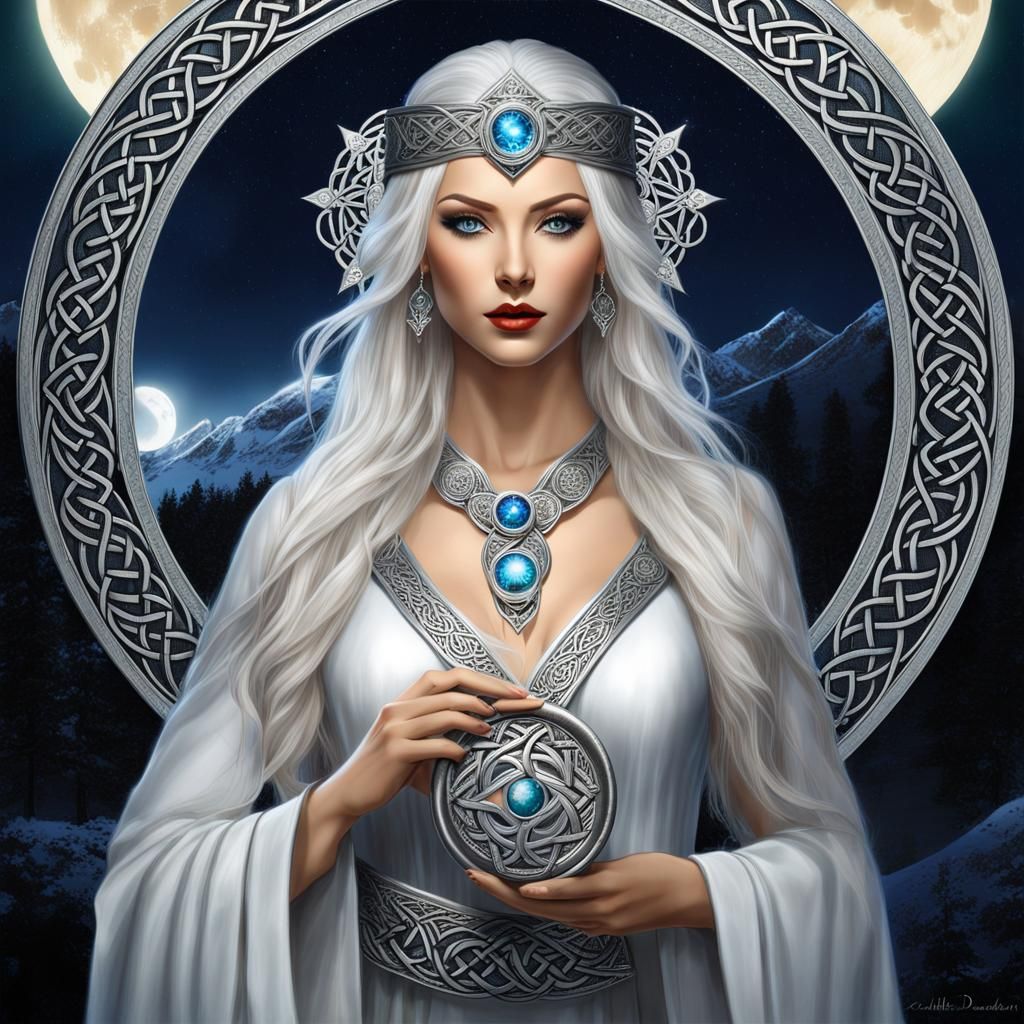 Celtic Goddess Arianrhod with Magic Wheel, Fantasy Art