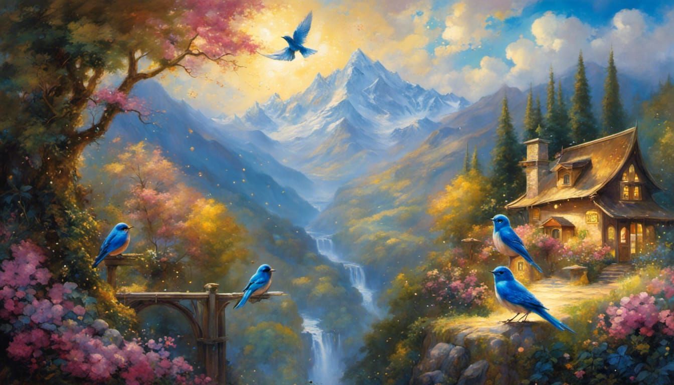 Gold and Blue Bluebird with Sparkles: Digital Masterpiece