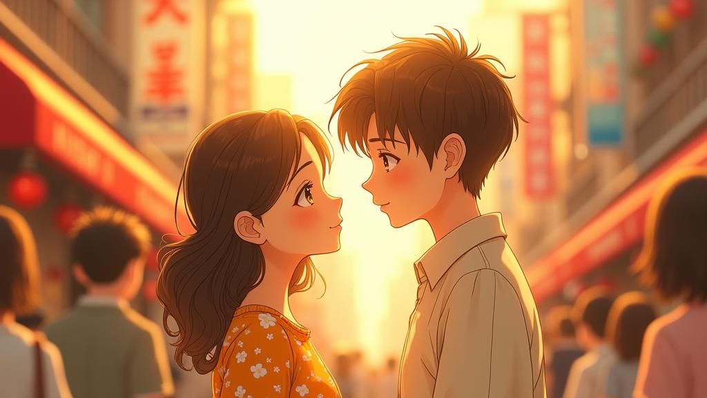 Couple's Tender Moment in Sunlit Anime Cityscape