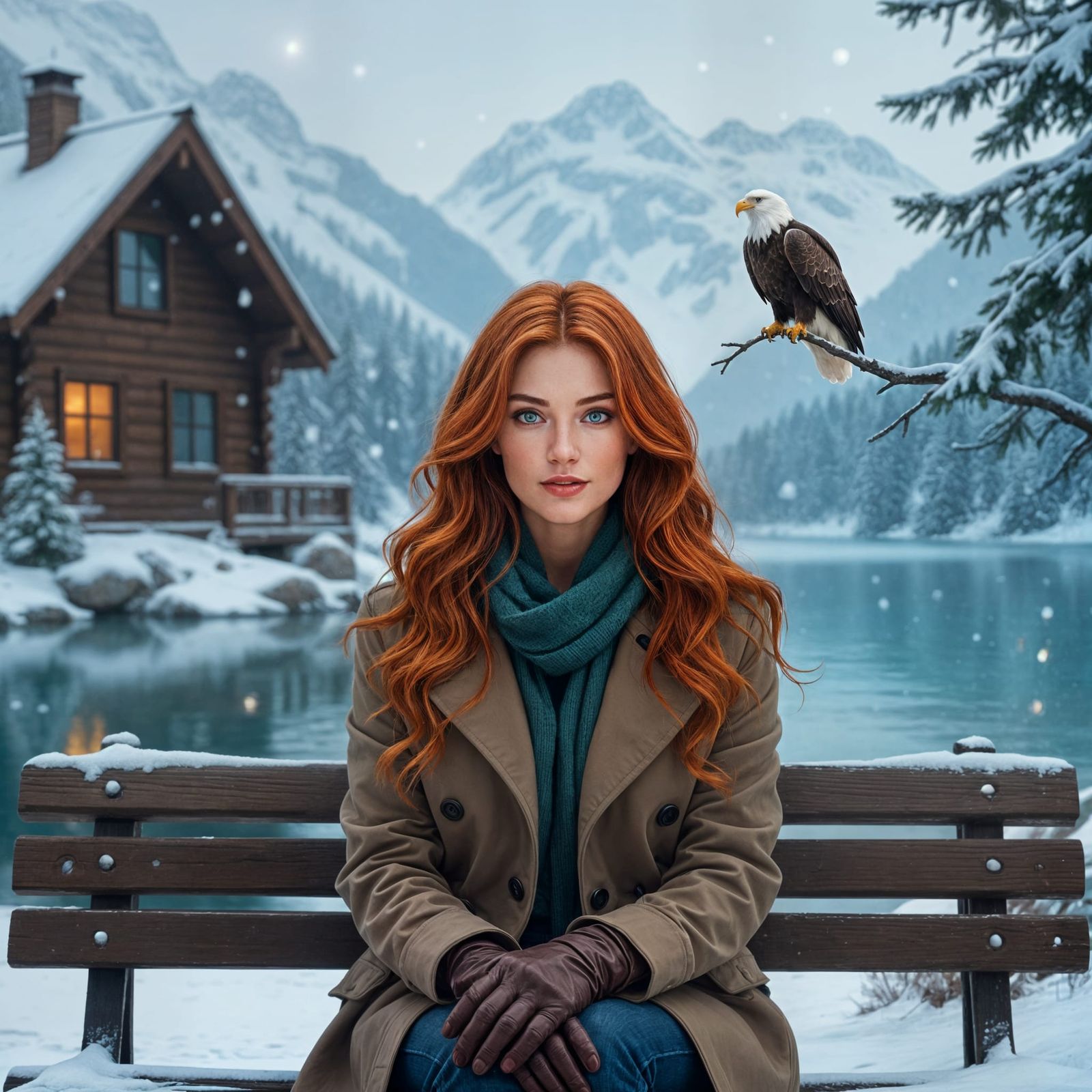Redhead at Log Cabin in Snowy Landscape