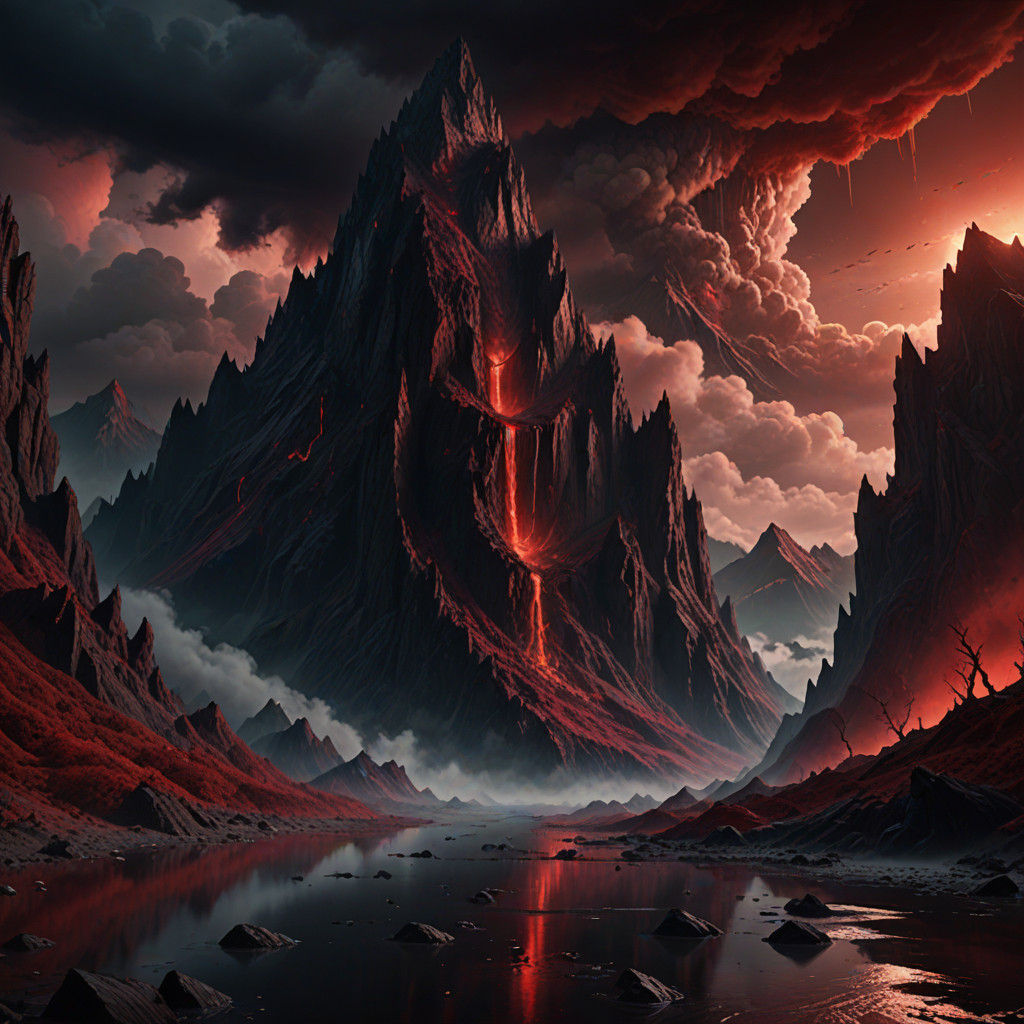 Dark Fantasy Obsidian Spire Descends into Crimson Sea