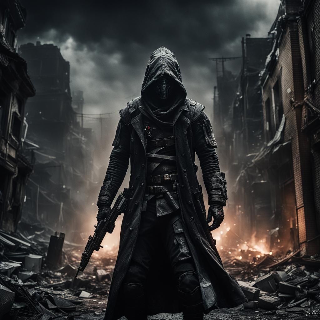 Futuristic Armored Spartan in Destroyed City