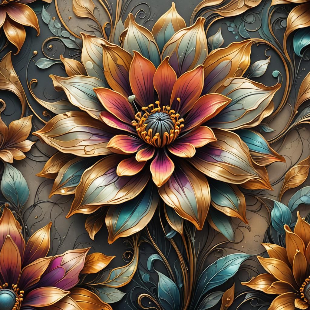 Colorful Stylized Flower in Mixed Media Art Nouveau
