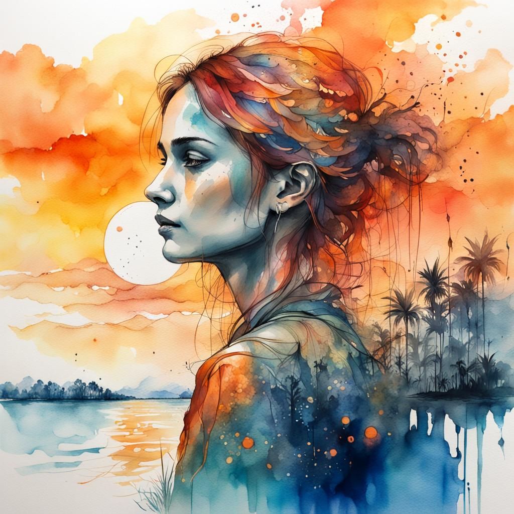 Warm Orange Sunset Over Blue Water in Watercolor