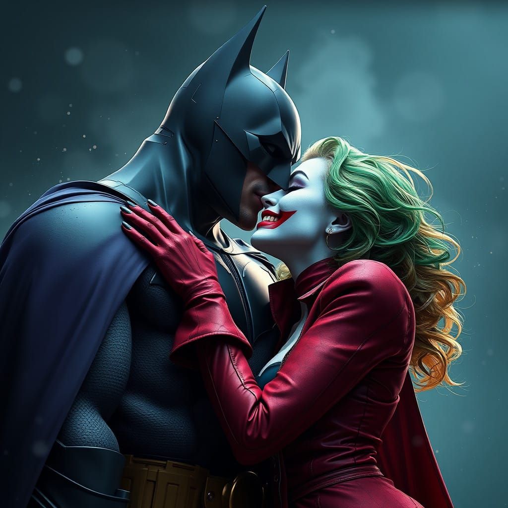 Batman Kissing Female Joker in Fantastical, Detailed Matte P...