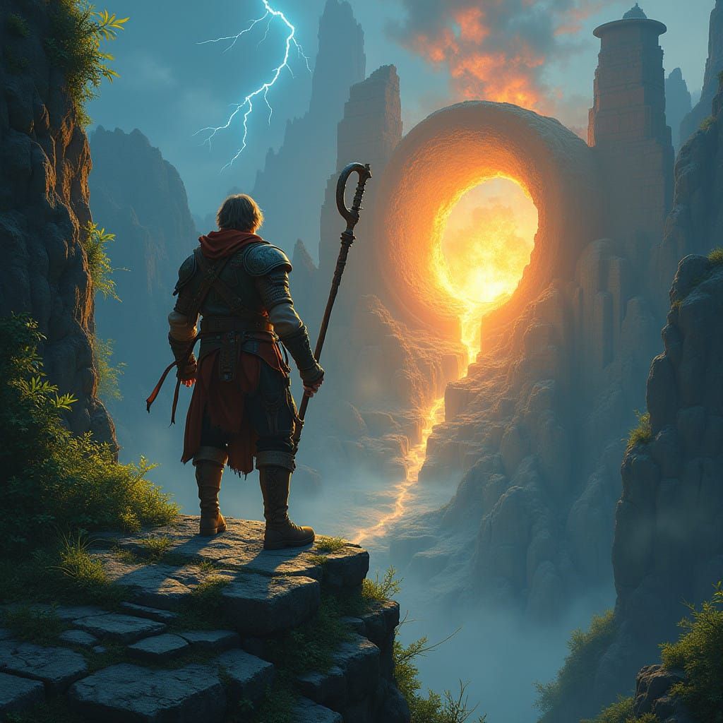 Fearless Adventurer Stands at the Edge of Ancient Ruins