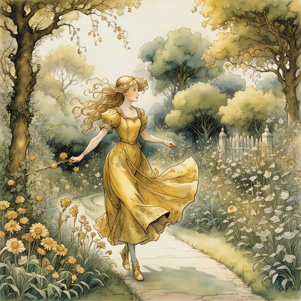 Golden Girl in Garden Illustration