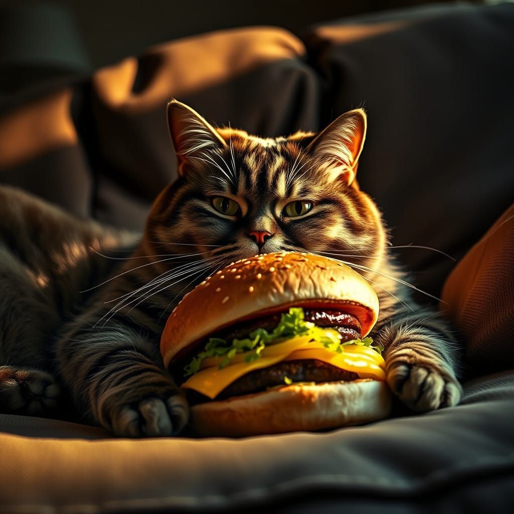 Fat Cat Savoring Burger on Plush Couch