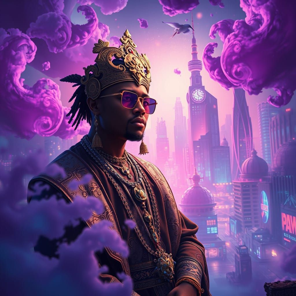 Ethereal Rapper King in Neon-Lit Cityscape