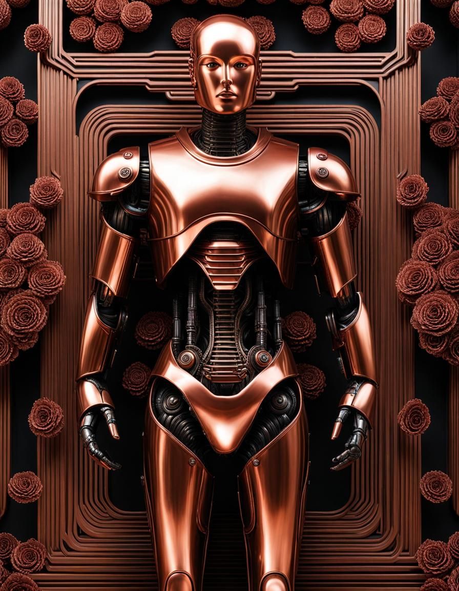 Copper Rose Android in Monochromatic Fractal Art Style