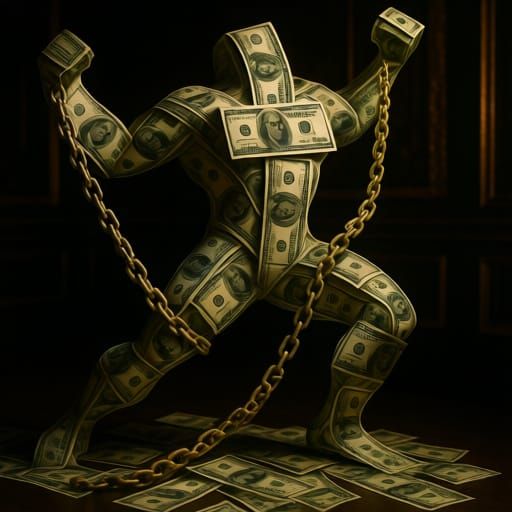 Hyperrealistic Sculpture of Dollar Bills and Chains